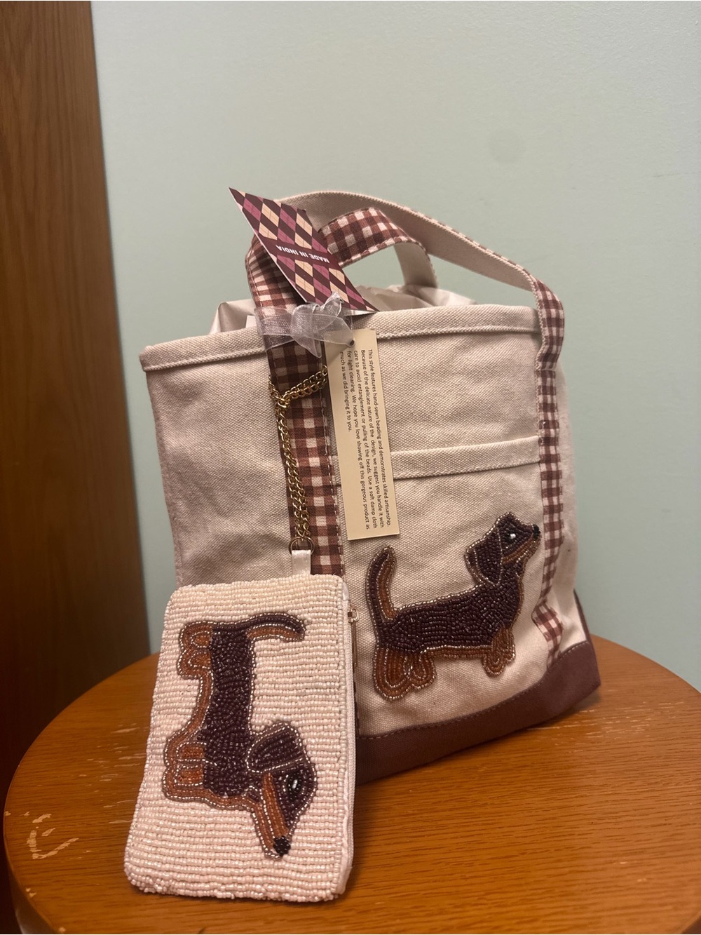 TikTok Viral Made in India Beaded Dachshund Dog Canvas Tote & Coin Purse bag